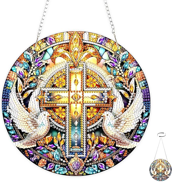 TOSTOG Diamond Art Hanging Kits for Adults, Cross Dove Diamond Painting for Adults Window Pendant, Special Shape Diamonds Christian Cross Diamond Painting Hanging Pendant Kit for Wall Decor Gift