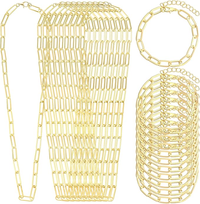 Landical 20 Pcs Charm Necklace Bracelets Making Kit Paperclip Chain Valentines DIY Jewelry Making Supplies Paperclip Link Necklaces with Lobster Clasps for Women Men Bulk Gifts(Gold,24 Inches)