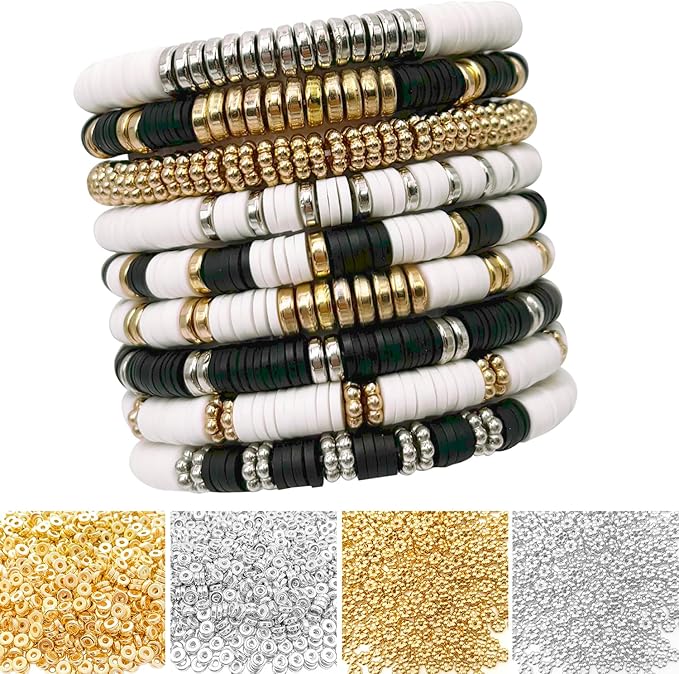 ZSFLZS 6mm Clay Beads for Bracelet Making Kit,Heishi Polymer Flat Disc Spacer Bead for Jewelry Making,Clays Beads for Bracelets for Jewelry Making,Gold Silver Bead (1200pcs Silver & Gold Beads)