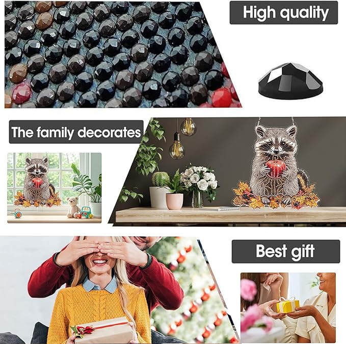 Yomiie Raccoon Animal Sun Catcher Window Hanging - DIY Double Sided Diamond Painting Pendant Kits for Adults, 5D Acrylic Diamonds Art Ornament for Indoor/Outdoor Garden Home Autumn Decor (8x8 inch)