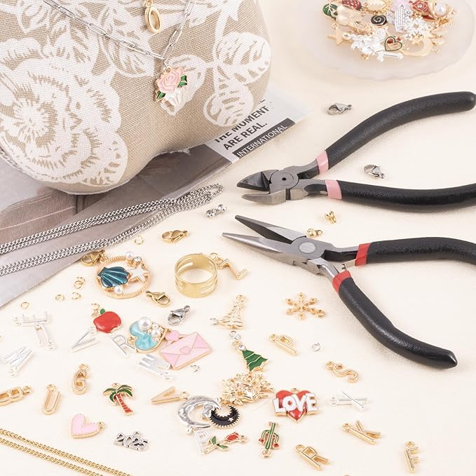 HUISUYTON 18K Gold Necklace Chain Kit for Jewelry Making, 59FT 12Rolls Bracelet Chains with Charms/Pliers/Jump Rings/Lobster Clasps Accessories for DIY Necklace Bracelet Making