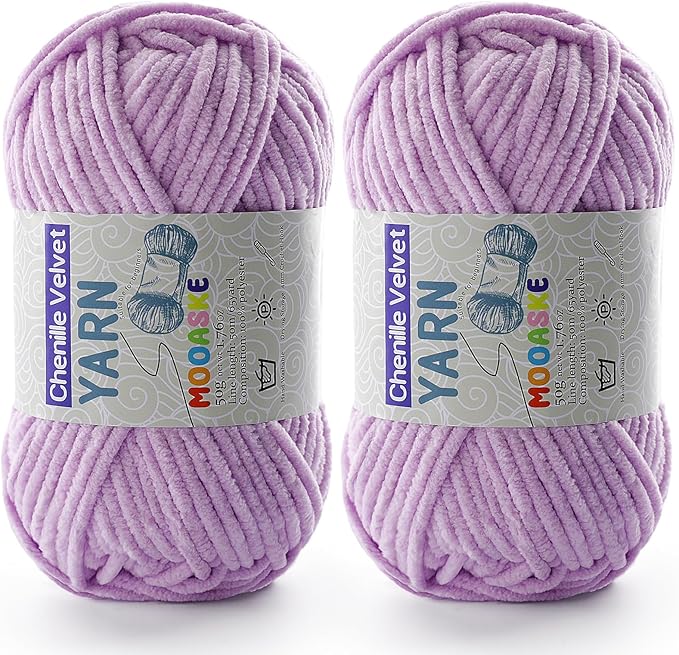 2 Pac Chenille Yarn for Crocheting - Blanket Yarn for Crocheting - Fluffy Yarn for Crochet, Baby Yarn for Crocheting Soft Blankets Weight Per Roll 50g/1.76oz, Length 60m/65yard (Light Purple)