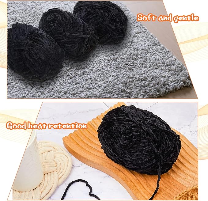 Amylove 6 Rolls Soft Velvet Chenille Yarn for Crocheting 1182 Yards Polyester Blanket Fuzzy Thick Yarn for DIY Knitting Bulky Weaving Crafts, 197 yd, 3.53 oz Each Roll(Black)