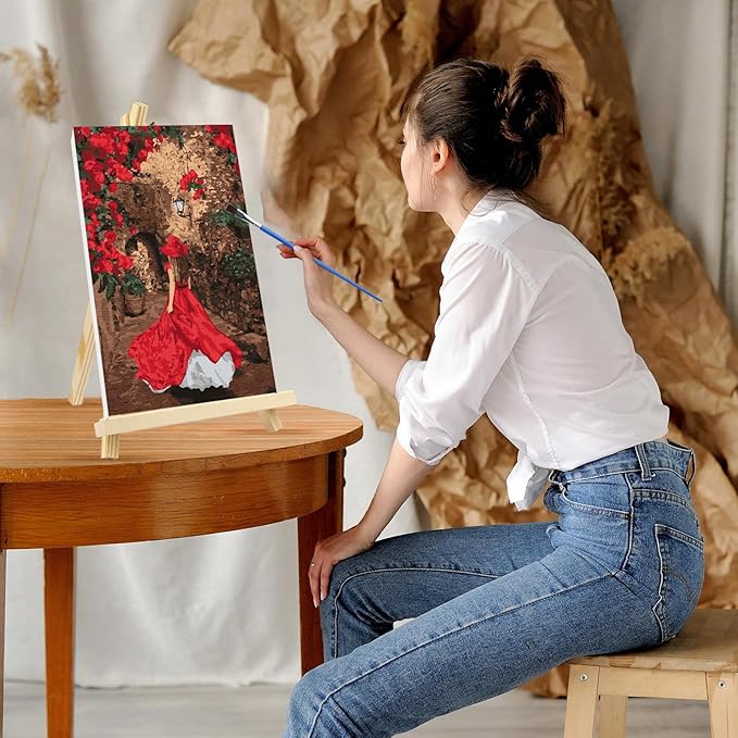 GHHKUD Red Dress Women Paint by Numbers Kits with Frame for Adults Beginners, DIY Landscape Paint by Numbers for Kids, Painting Art on Canvas Gifts Home Wall Decor 20x30cm