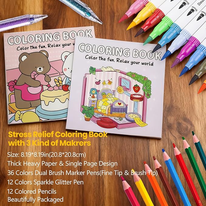 Cute Coloring Book Set for Teens Adults Relaxation, Easy and Simple Designs Coloring Book for Teens Girls, Stress Relief Gifts for Women with 36 Colors Markers & 12 Glitter Pens & 12 Colored Pencils