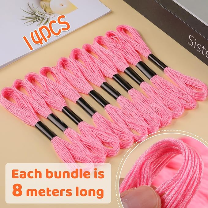 14 Skeins Pink Cotton Embroidery Floss - Cross Stitch Thread Set,Embroidery Thread for Friendship Bracelets