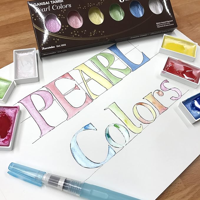 Kuretake GANSAI TAMBI PEARL COLORS, 6 colors set, Watercolor paint for Professional, for artists and crafters,Illustrations, Drawing, Lettering, Made in Japan