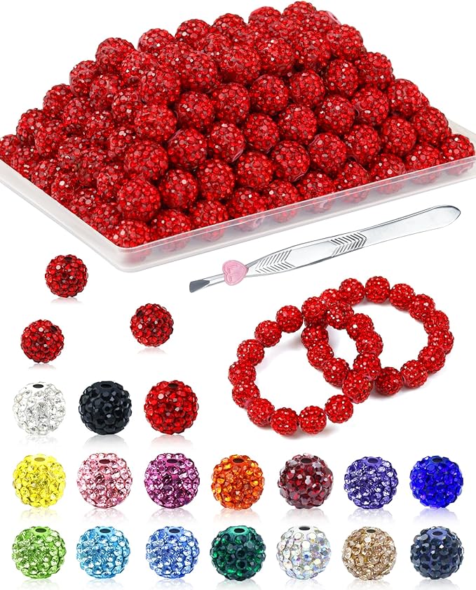 120PCS FIVEIZERO Rhinestone Beads for Jewelry Making, 10mm Red Shiny Round Sparkle Crystal Clay Bead Bulk Sparkly Baseball Necklace Beads for Bracelets and DIY Crafts