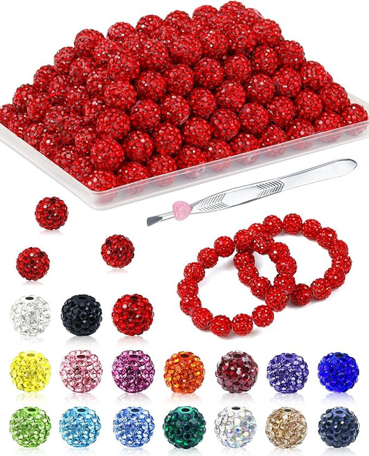 120PCS FIVEIZERO Rhinestone Beads for Jewelry Making, 10mm Red Shiny Round Sparkle Crystal Clay Bead Bulk Sparkly Baseball Necklace Beads for Bracelets and DIY Crafts
