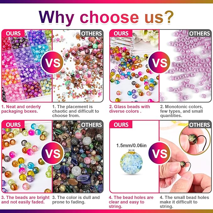 XSEINO About 1200+ PCS 6mm Cracked Style Glass Beads Bracelet Making Kit, 24 Assorted Colorful Crack Series Crystal Beads for Jewelry Making and DIY Crafts, Friendship Bracelets