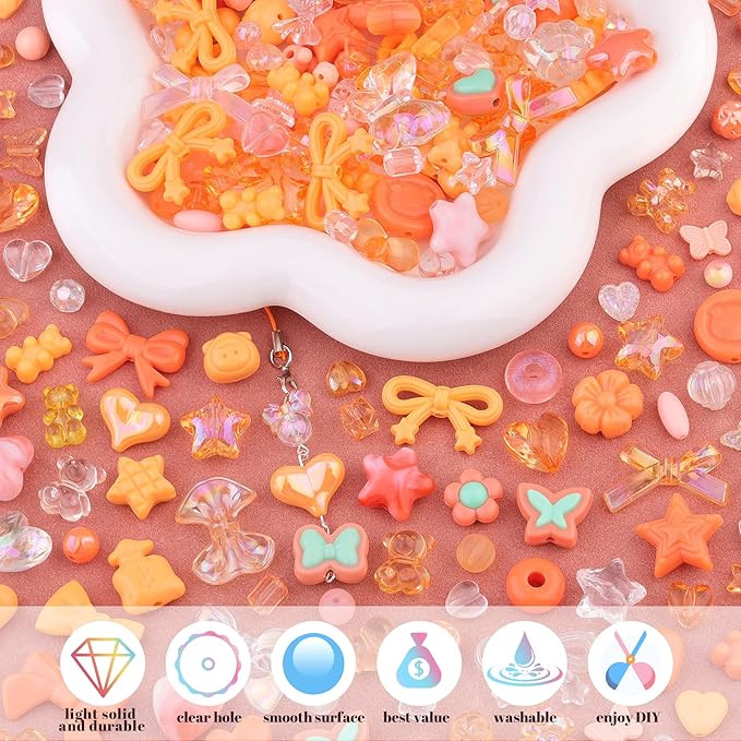200-260pcs tinkrstuff assorted acrylic beads orange cute beads for bracelet making, bow aesthetic gummybear flower candy butterfly kawaii charms for jewelry making diy necklace keychain phone charm