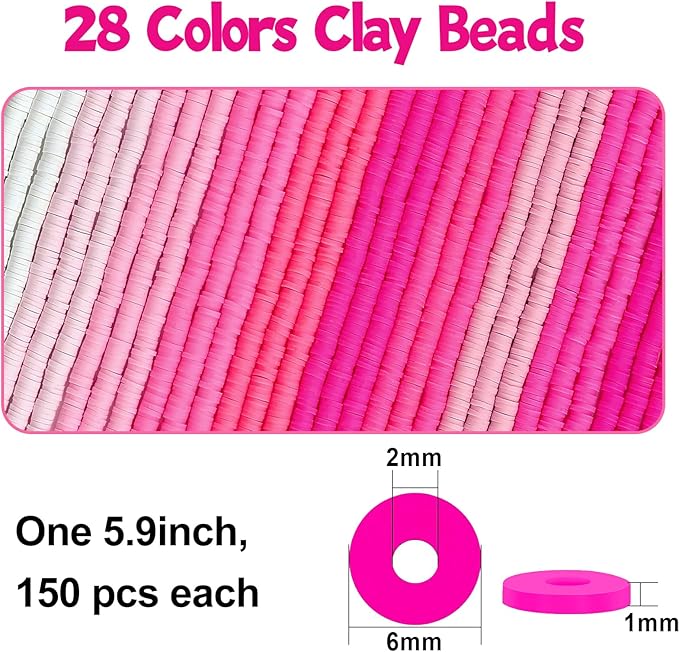JMUQ 28 Strands Pink Clay Beads Bracelet Making Kit, Friendship Preppy Flat Polymer Clay Heishi Beads for Bracelets Jewelry Making Kit, DIY Arts and Crafts Gifts