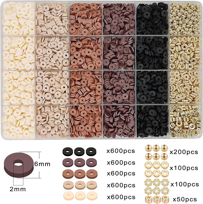 MIIIM Coffee Brown Clay Beads Kit for Bracelets Making, Heishi Beads for Friendship Bracelet, Clay Charms and Gold Spacers for Jewelry Making, Crafts, Concert, Raves, Gifts