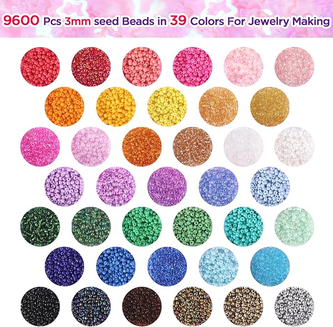 3mm Seed Beads, 39 Colors Glass Seed Beads for Jewelry Making, 9600pcs 5 Types Small Beads for Bracelets, Friendship Bracelet Beads for Girls Adults