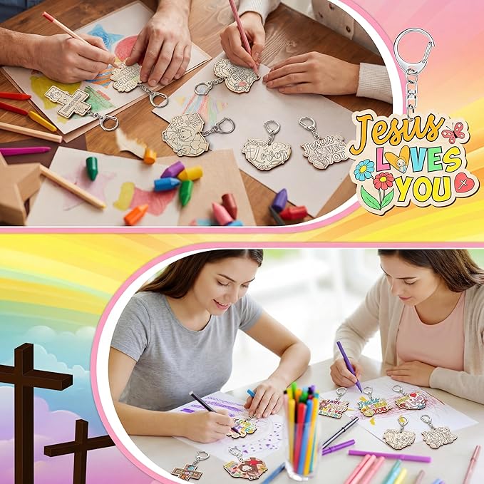Trnayi 36 Pcs Christian Unfinished Crafts Color Your Own Jesus Loves Me Religious Keychains Wood DIY Coloring Crafts Gifts for Religious Painting DIY Arts Project Decoration