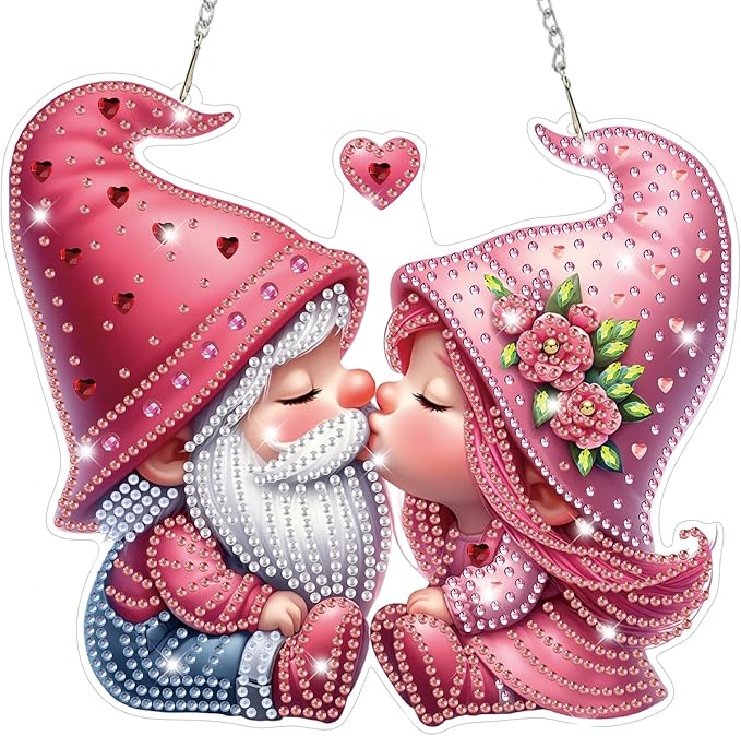 Bowetile Valentine's Day Diamond Art Hanging Kits for Adults, Diamond Art Suncatchers Gnome, 5D Special Shape Diamond Painting Pendant Window Ornament Home Door Wall Decor, Gifts for Women