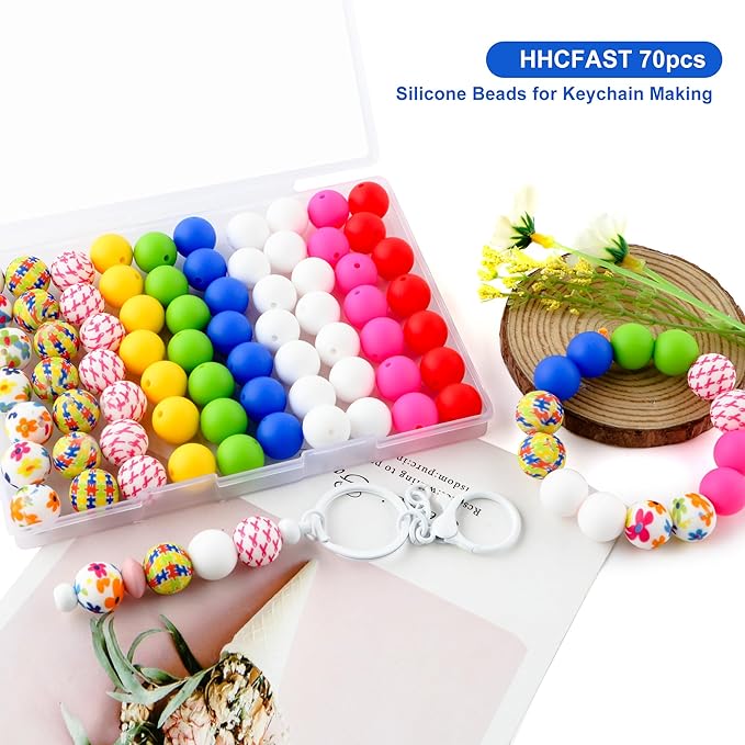 70Pcs Print Silicone Beads for Keychain Making,Round 15mm Silicone Beads for Pens, Necklace and Bracelets Making（Medical Print）