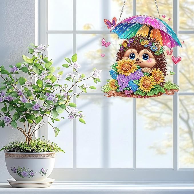 QENSPE Diamond Painting Art Hanging Kits for Adults, 5D Cute Hedgehog Special Shape Diamond Paingting Ornaments with Chain, DIY Sunflower Crystal Window Pendants for Home Wall Decor Gifts 8X8 inch