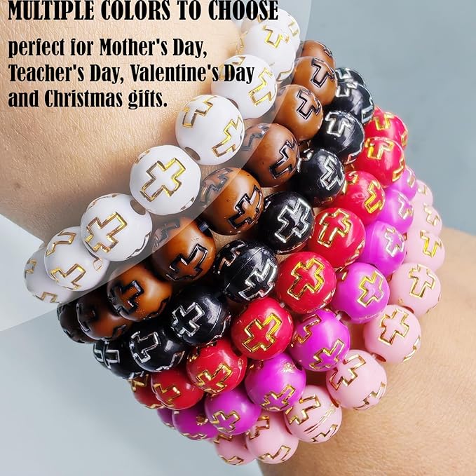 143 Pcs 10mm Light Brown Acrylic Cross Beads for Bracelets, Christian Religious Beads with 2m Elastic String & 12 Grids Organizer Box - DIY Jewelry Supplies