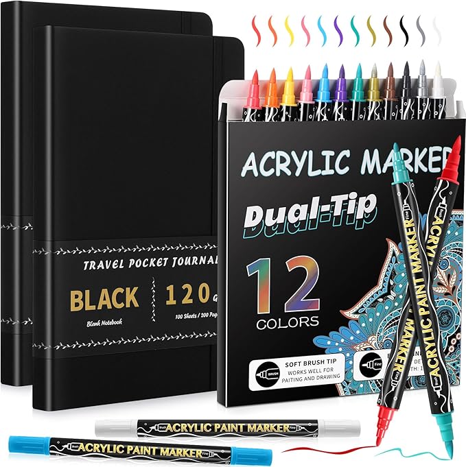 Thenshop 2 Pcs/200 Sheets Black Paper Sketchbook with 12 Metallic Marker Pens Set 6 x 8 in Black Writing Page Journal Notebook for Colored Gel Pens PU Hardcover Drawing Gifts