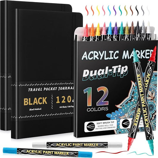 Thenshop 2 Pcs/200 Sheets Black Paper Sketchbook with 12 Metallic Marker Pens Set 6 x 8 in Black Writing Page Journal Notebook for Colored Gel Pens PU Hardcover Drawing Gifts