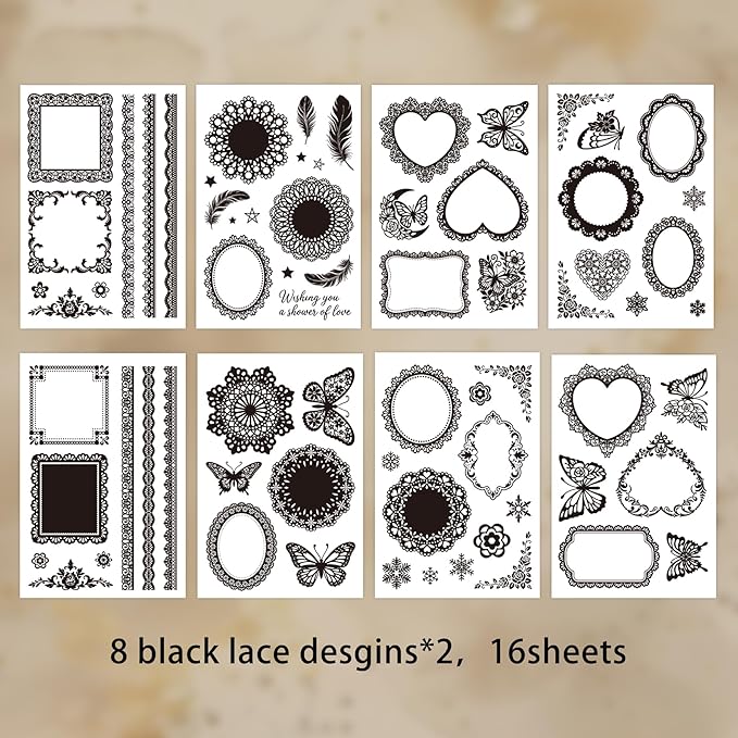 130 Pcs Vintage Black White Lace Scrapbook Stickers - Classic Butterfly Feather Heart Embellishments for DIY Journal Wedding Photo Album Craft Decor, Fade-Resistant Waterproof Reusable