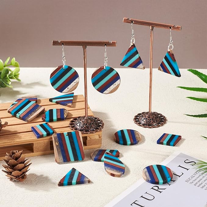 Beadthoven 52pcs Boho Wood Women Earring Making Kit, Striped Resin Wood Earrings Charms Pendants Natural Wood Cutouts Pieces Wooden Earring Blanks with Earring Hooks for DIY Jewelry Making Crafts