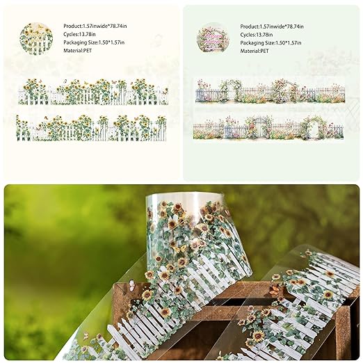 6Rolls Floral Washi Tape Set PET 40mm Wide Washi Sticker for Junk Journaling Stickers Flower Scrapbook Stickers Vintage Washi Tapes Scrapbooking Supplies Decorative Tape for Crafts, 6.6ft Long