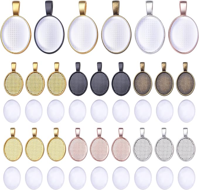 48pcs Bezel Pendant Blanks Set, 24pcs 6 Colors Oval Pendant Trays Bezel Blanks with 24pcs Glass Cabochons Clear Dome Tiles for DIY Bracelet Necklace Jewelry Crafts Making