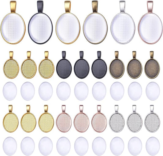 48pcs Bezel Pendant Blanks Set, 24pcs 6 Colors Oval Pendant Trays Bezel Blanks with 24pcs Glass Cabochons Clear Dome Tiles for DIY Bracelet Necklace Jewelry Crafts Making