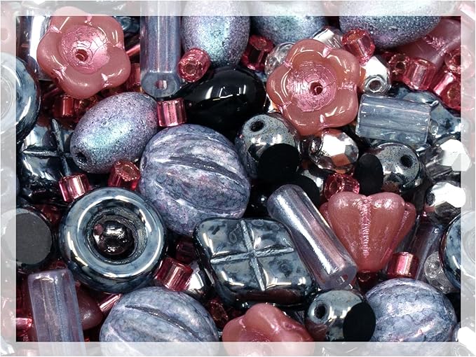 2.1oz (60 g) Mix of Unique Czech Bohemia Glass Pressed Beads, Matte and Glossy, Hand Made, Pink Gray Black Hematite