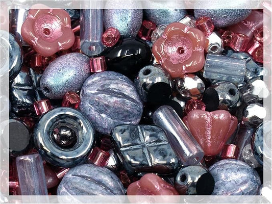 2.1oz (60 g) Mix of Unique Czech Bohemia Glass Pressed Beads, Matte and Glossy, Hand Made, Pink Gray Black Hematite