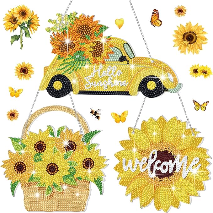 Menkxi 3 Pcs Sunflower Theme Diamond Hanging Kit for Adult DIY Sunflower Painting Diamond Art Flower Crystal Rhinestone Welcome Spring Door Sign Window Wall Hanging Kit Ornament Home Window Decor Gift