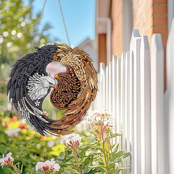 Wergund 5D DIY Eagle Diamond Art Hanging Kits, Hanging Diamond Art Bird, Acrylic Special Shaped Rhinestone, Window Hanging Pendants for Home Wall Garden Front Door Outdoor Decor Gift(Eagle)