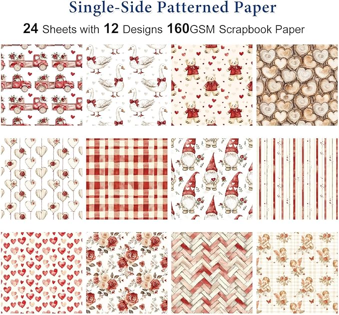 Valentine Scrapbook Paper 6×6, 24 Sheets Scrapbooking Supplies Kit, Single-Sided Patterned Cardstock Pads for Card Making, Designer Planner Journals