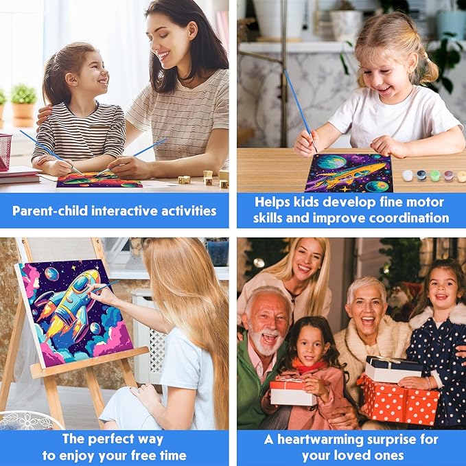4 Pack Paint by Numbers for Kids with Wooden Framed, Space Rocket, Spaceship, Paint by Number Kits on Canvas for Beginner, Acrylic Oil Painting Kits for Home Decor 8x8 inch, Colorful Planets and Stars