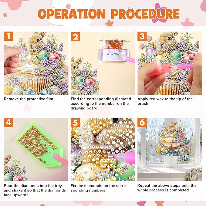 MAXBYE Easter DIY Diamond Art Kits for Adults Hanging Pendant Bunny in a Bamboo Basket, Painting Diamond Gem Art Hanging Kits for Beginners Gift Window Wall Door Decoration 8×12Inch