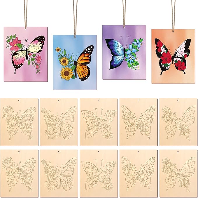 COCHIE 10 Pieces Large Spring Butterfly Unfinished Wood Crafts to Paint for Adults, Bulk Predrilled Wooden Ornaments for Painting, Butterflies Paintable Wood Slices Craft Supplies with Ropes