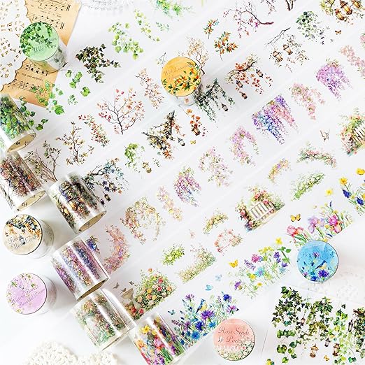 PET Tape Stickers for Journaling 6 Rolls Pre-Cut Flower Washi Tape Stickers Decorative Tape for Crafts Scrapbooking Junk Journal Supplies, Flower Branch