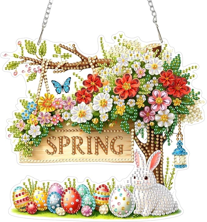 CEOVR Spring Hanging Diamond Painting, Easter Bunny Diamond Art for Adults Pendant DIY Spring Gem Art Wall Hanging Ornament, Acrylic Home Garden Decor with Chain, Box Kit 7.75×7.17inch