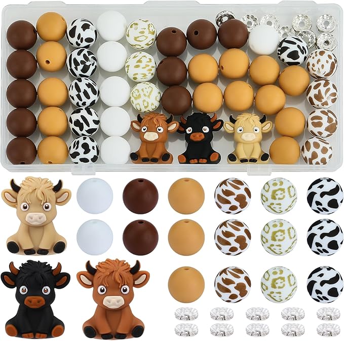 46 Pcs 15mm Silicone Round Beads Bulk for Keychain Bracelets Making and Other Handmade Crafts (Cow)