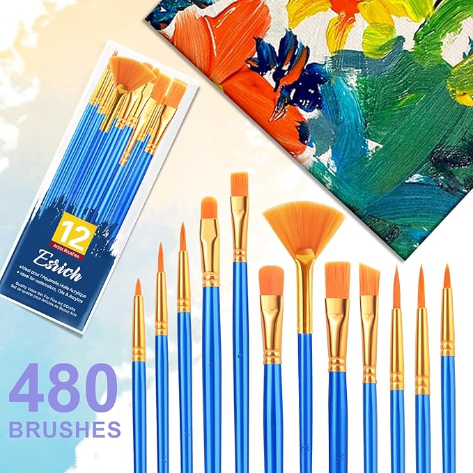 ESRICH 40pack/480pcs Paint Brushes, Nylon Hair Paint Brushes Set Round-Pointed Tip Paint Brush for Acrylic Painting,Watercolor Oil Miniature Painting Kits,Paint Brush for Kids Adult Arts Supplies