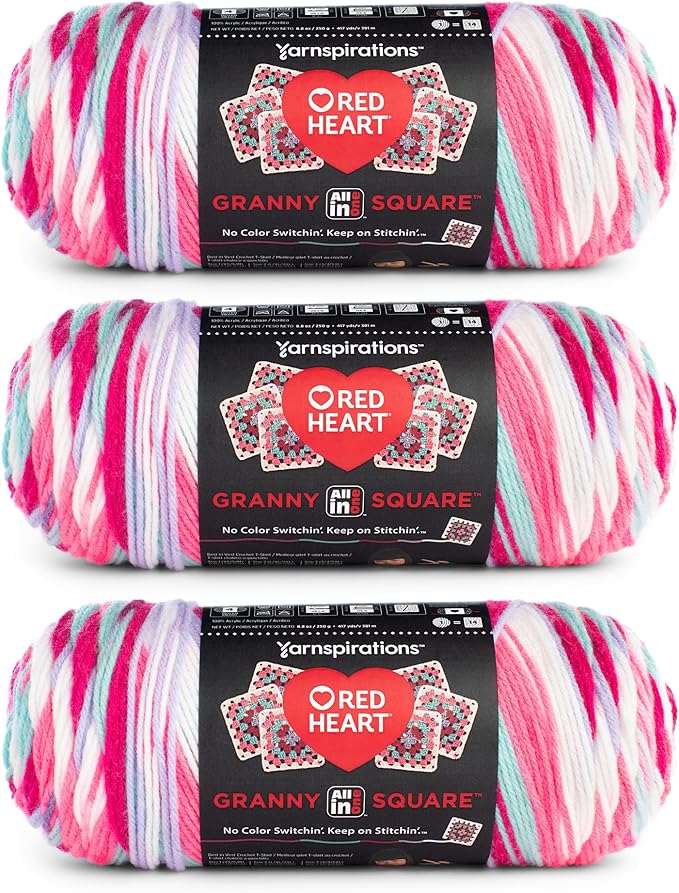 Red Heart All in One Granny Square Soft White - Pink Punch Yarn - 3 Pack of 250g/8.8oz - 100% Acrylic - #4 Worsted (Medium) - 381m/417Yards - for Knitting, Crochet and Amigurumi