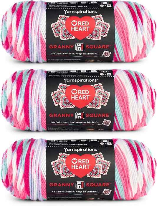 Red Heart All in One Granny Square Soft White - Pink Punch Yarn - 3 Pack of 250g/8.8oz - 100% Acrylic - #4 Worsted (Medium) - 381m/417Yards - for Knitting, Crochet and Amigurumi