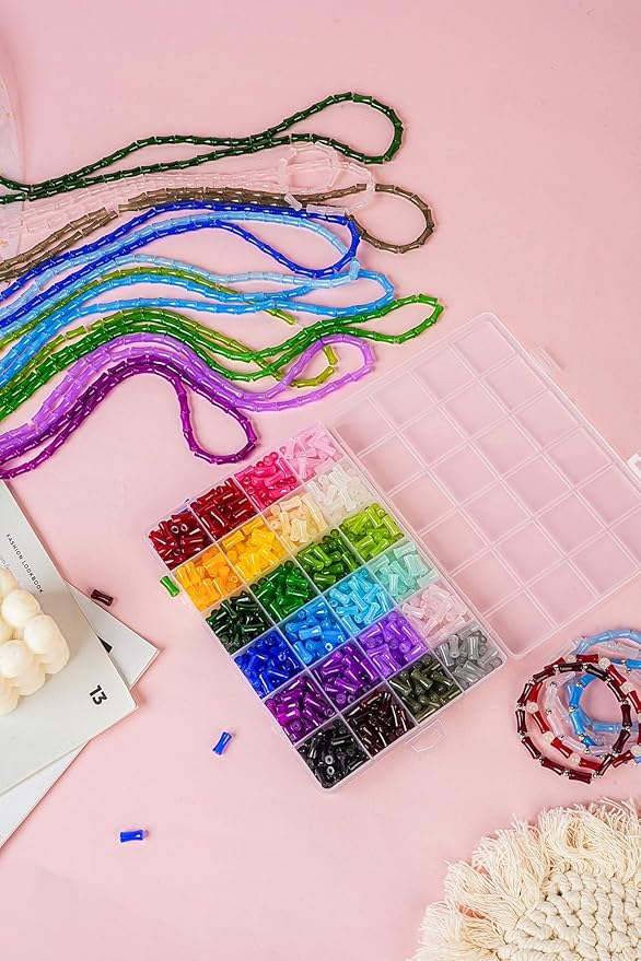 REVKI 1200pcs Glass Beads Bracelet Making Kit, 48 Colors Crystal Beads for Jewelry Making,Strange Shaped Glass Beads for Bracelets and DIY Crafts(Oval and Bamboo)