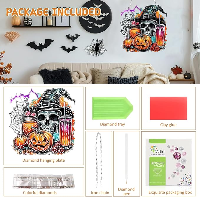 RICUVED Diamond Art Hanging Kit for Adult, Skull Special Shaped Crystal Gem Craft Halloween Diamond Painting Pendant Kit for Beginners, DIY Pumpkin Hanging Diamond Art Ornament Kit for Home Garden