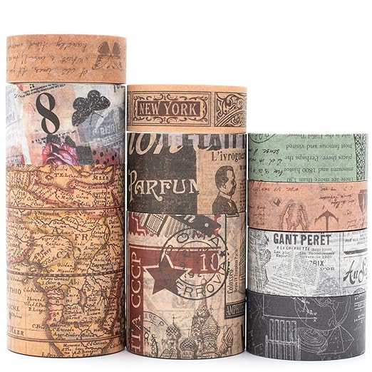 YUBX Vintage Washi Tape Set 10 Rolls Wide Decorative Antique Map Stamp Newspaper Masking Tapes for Arts, DIY Crafts, Journals