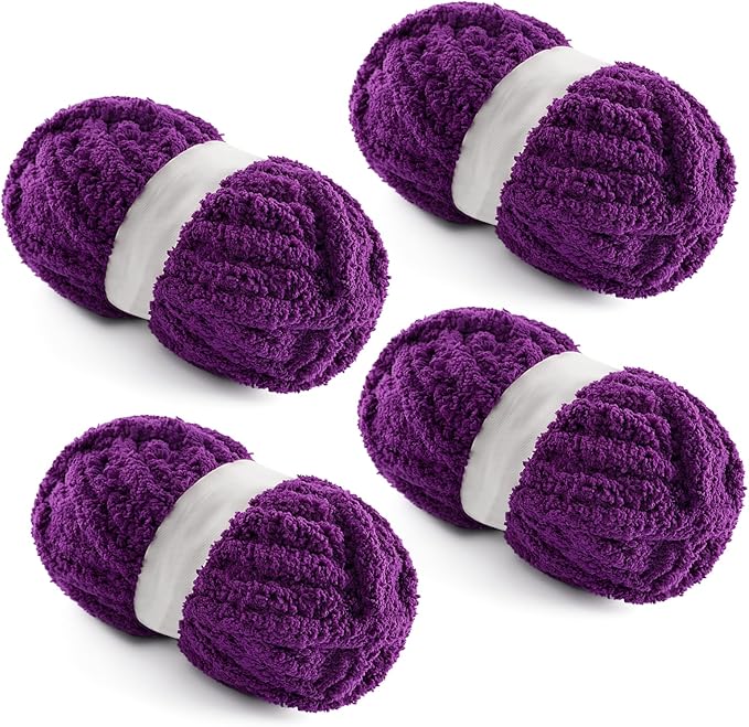 4 Pack Chunky Yarn for Hand Knitting - Chunky Chenille Blanket Yarn for Crocheting - Jumbo Fluffy Yarn for Crochet - Super Bulky Yarn 28.4 yds 7.7 oz Each Skein (Violet)