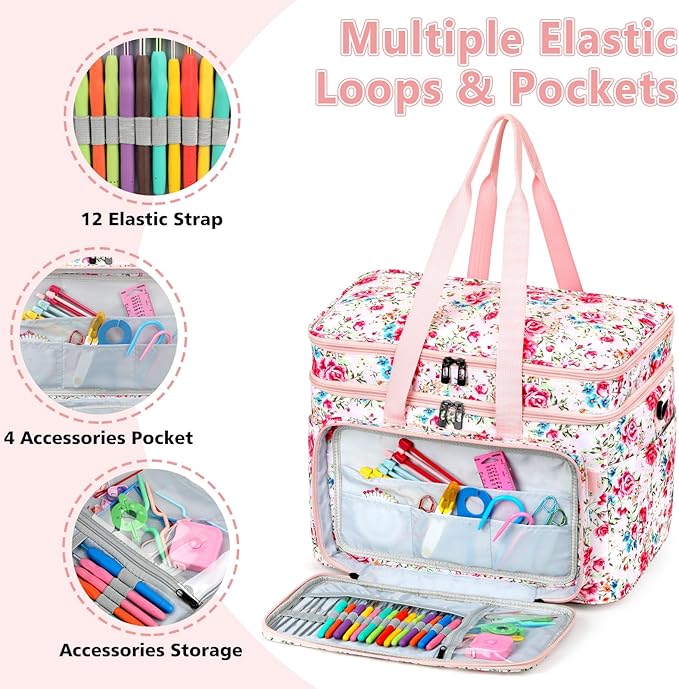 IBFUN 3PCS Crochet Bag with Wrist Yarn Holder, Large Yarn Storage Tote Waterproof Knitting Bag Organizer with Adjustable Strap for Hooks, Needles (Up to 14"), Accessories, Crochet Lovers, Tangle-Free