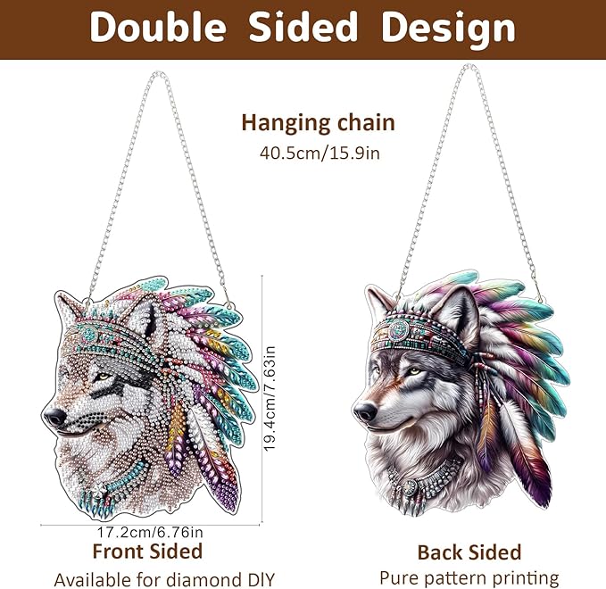 Genius maker Wolf Diamond Art Hanging Kits for Adults, Animal Diamond Painting Pendant Kits, DIY Acrylic 5D Special Shaped Crystal Diamonds Gem Art Painting Ornament for Home Wall Decor Gift 8x8 Inch